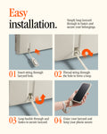 AFA10617 - DA30S LS lanyard easy installation guide showing step-by-step process to insert string through lanyard hole, thread to form a loop, fasten securely, and use lanyard to keep iPhone safe