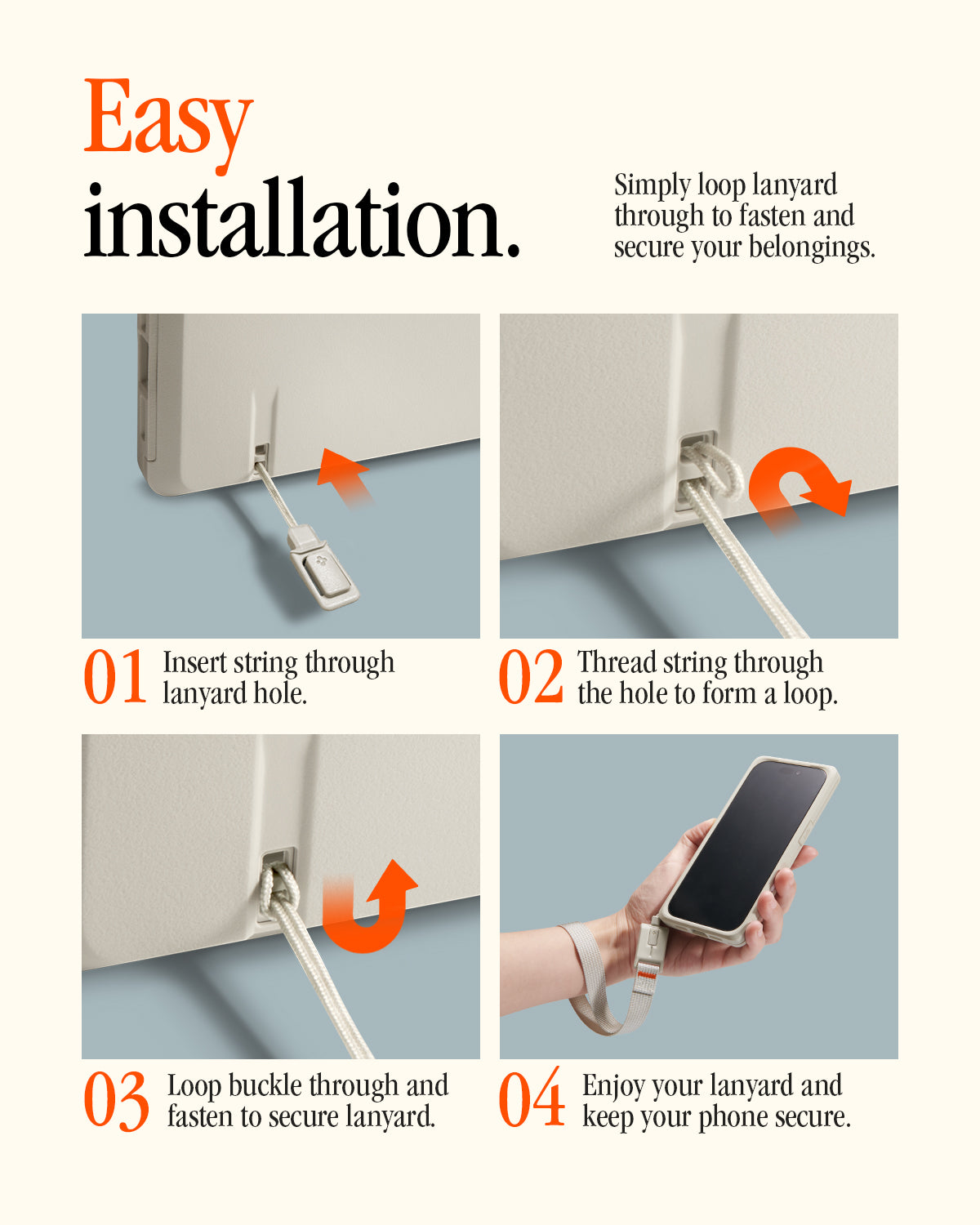 AFA10617 - DA30S LS lanyard easy installation guide showing step-by-step process to insert string through lanyard hole, thread to form a loop, fasten securely, and use lanyard to keep iPhone safe