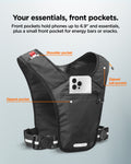 AMP11390 - Dynamic Shield™ Running Vest | A720 L-XL in Black showing the front pockets hold phones up to 6.9