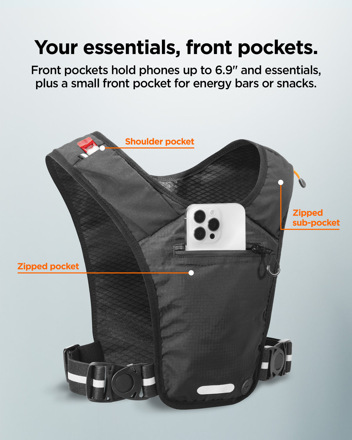 AMP11390 - Dynamic Shield™ Running Vest | A720 L-XL in Black showing the front pockets hold phones up to 6.9" and essentials, plus a small front pocket for energy bars or snack. Shoulder pocket, zipped sub-pocket and zipped pocket