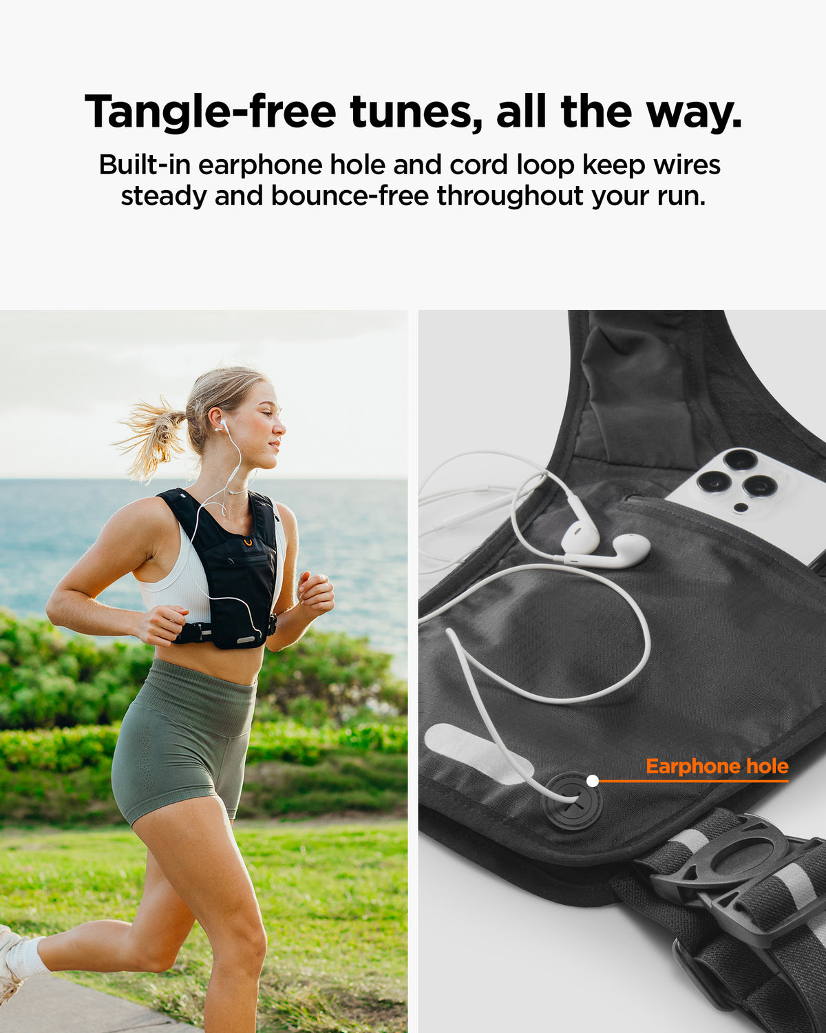 AMP07603 - Dynamic Shield™ Running Vest | A720 M-L in Black showing the tangle-free tunes, all the way. Built-in earphone hole and cord look keep wires steady and bounce-free throughout your run