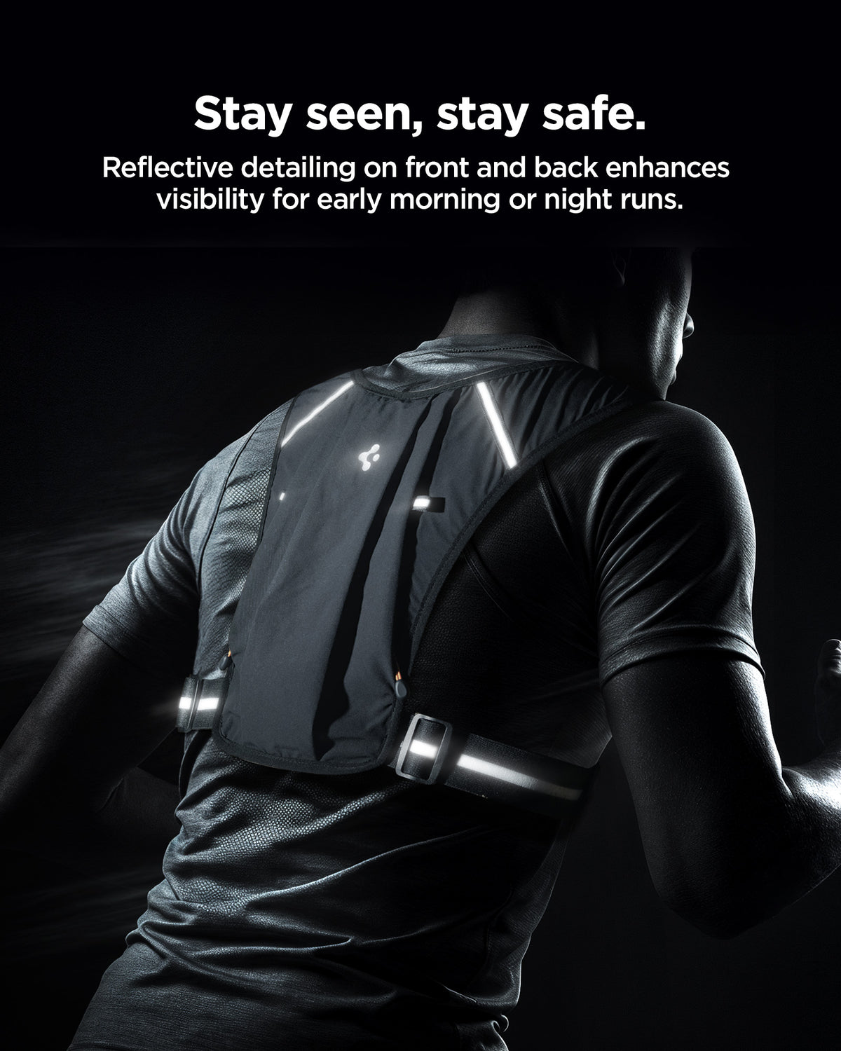 AMP07603 - Dynamic Shield™ Running Vest | A720 M-L in Black showing the reflective detailing on front and back enhances visibility for early morning or night