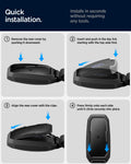 ACS09430 - Ford Key Fob Cover | FK100 in Matte Black showing the quick installation. Install in seconds without requiring any tools. 1. Remove the rear cover by pushing it downward 2. Insert and push in the key fob starting with top side first 3. Align the rear cover with the clips and 4. Press firmly onto each side until it clicks securely into place.