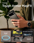 ACS11855 - Pixel 11 Tough Armor (Mag Fit) Gunmetal person holding the Tough Armor MagFit case featuring a built in kickstand, Air Cushion Technology, and the built in magnetic ring.