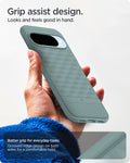 ACS09709 - Pixel 10 Pixel 10 Pro in sage green showing the grip assist design. Looks and feels good in hand. Better grip for everyday-tasks. Grooved ridge design on both sides for a comfortable hold