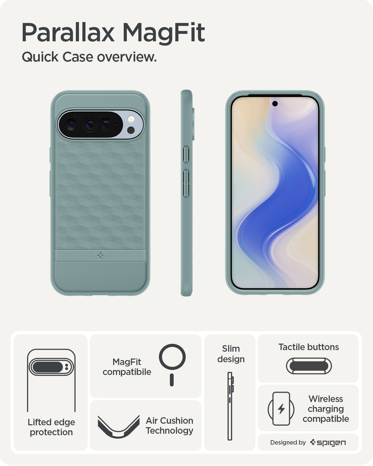 ACS09732 - Pixel 10 Pro XL Case Parallax (MagFit) in sage green showing the quick case overview. Lifted edge protection, MagFit compatible, AirCushion Technology, slim design and tactile buttons.