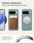 ACS09732 - Pixel 10 Pro XL Case Parallax (MagFit) in sage green showing the perfect attraction. Pair it up with essential MagFit accessories. Optimized magnets. Stronger hold to support MagFit accessories.