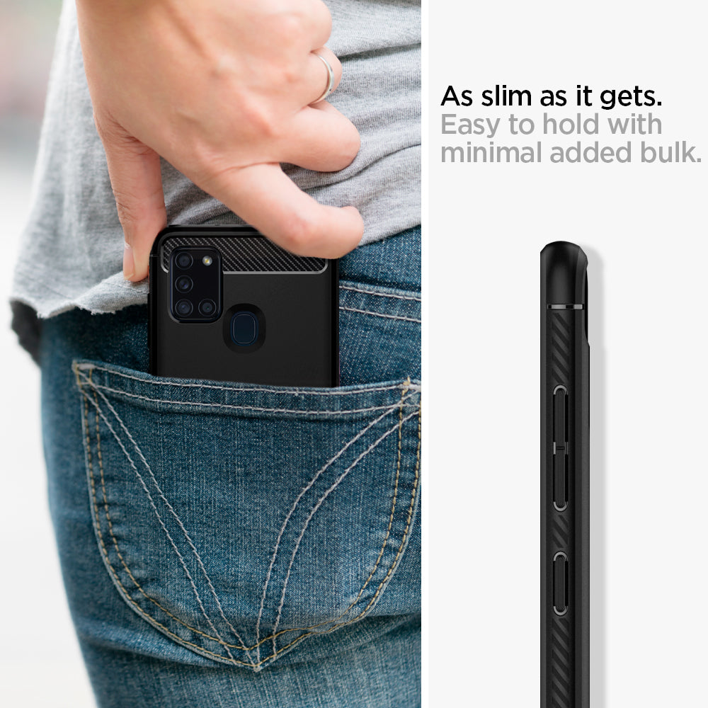 ACS00974 - Galaxy A21s Case Rugged Armor in Matte Black showing  how slimmer as it gets. Easy to hold with minimal added bulk