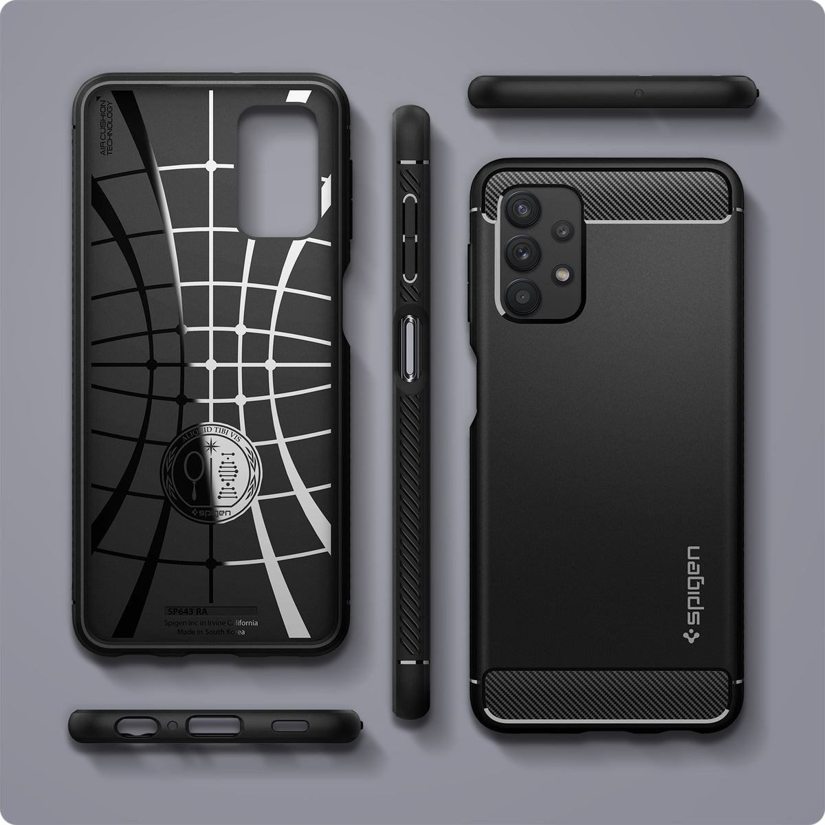 ACS03046 - Galaxy A32 5G Case Rugged Armor in Matte Black showing the back, inner, side, top and bottom
