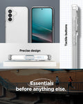 ACS11133 - Spigen Ultra Hybrid Galaxy A37 5G case in Crystal Clear showing front and back views, precise port cutouts, and clear tactile side buttons