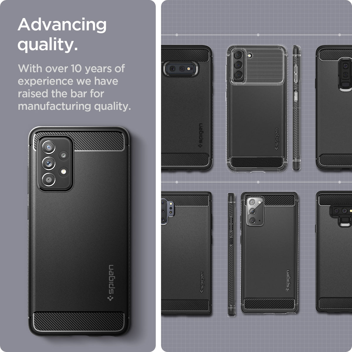 ACS02315 - Galaxy A52 Case Rugged Armor in Matte Black showing the advancing quality. With over 10 years of experience  we have raised the bar for manufacturing quality