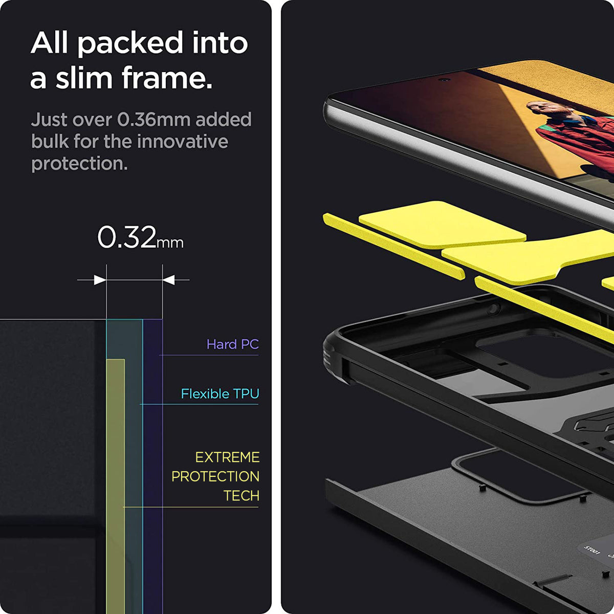 ACS02319 - Galaxy A52 Case Tough Armor in Black showing the all packed into a slim frame. Just over 0.36mm added bulk for the innovative protection. Hard PC, Flexible TPU and Extreme Protection Tech 