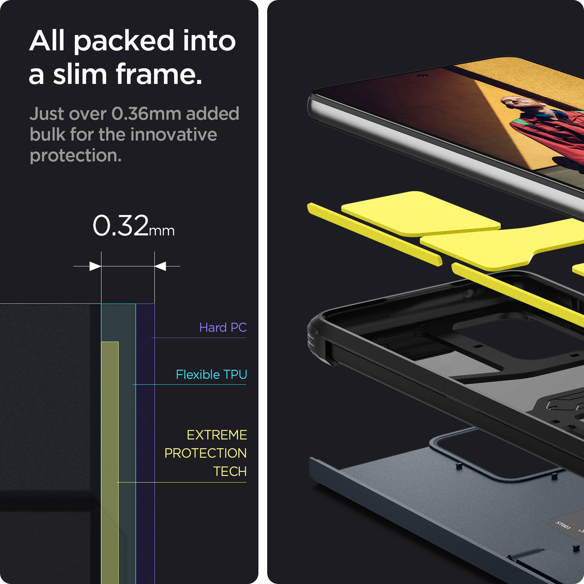 ACS02320 - Galaxy A52 Case Tough Armor in Metal Slate showing the all packed into a slim frame. Just over 0.36mm added bulk for the innovative protection. Hard PC, Flexible TPU and Extreme Protection Tech 