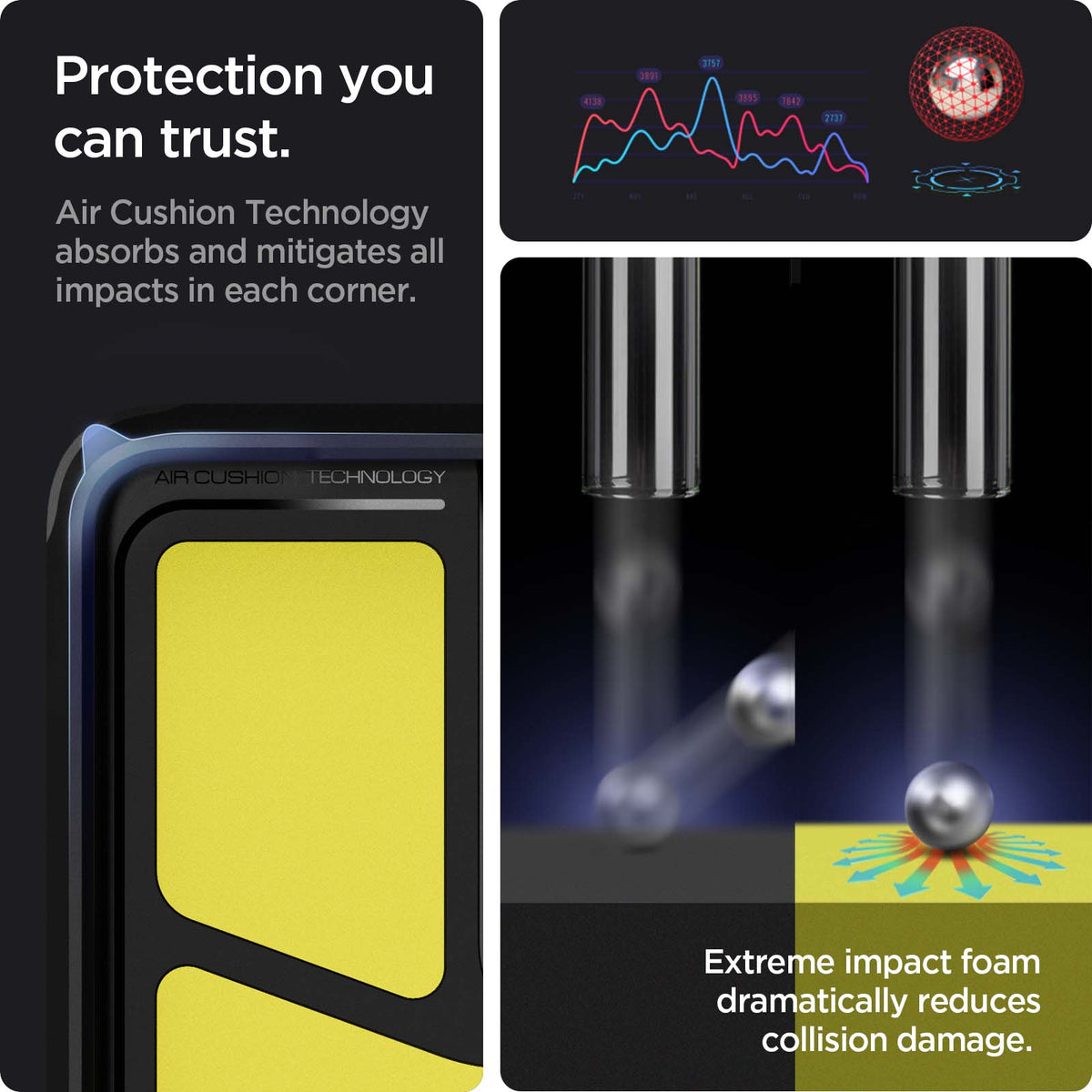 ACS04256 - Galaxy A53 5G Case Tough Armor in Metal Slate showing the protection you can trust. Air Cushion Technology absorbs and mitigates all impacts in each corner. Extreme impact foam dramatically reduces collision damage