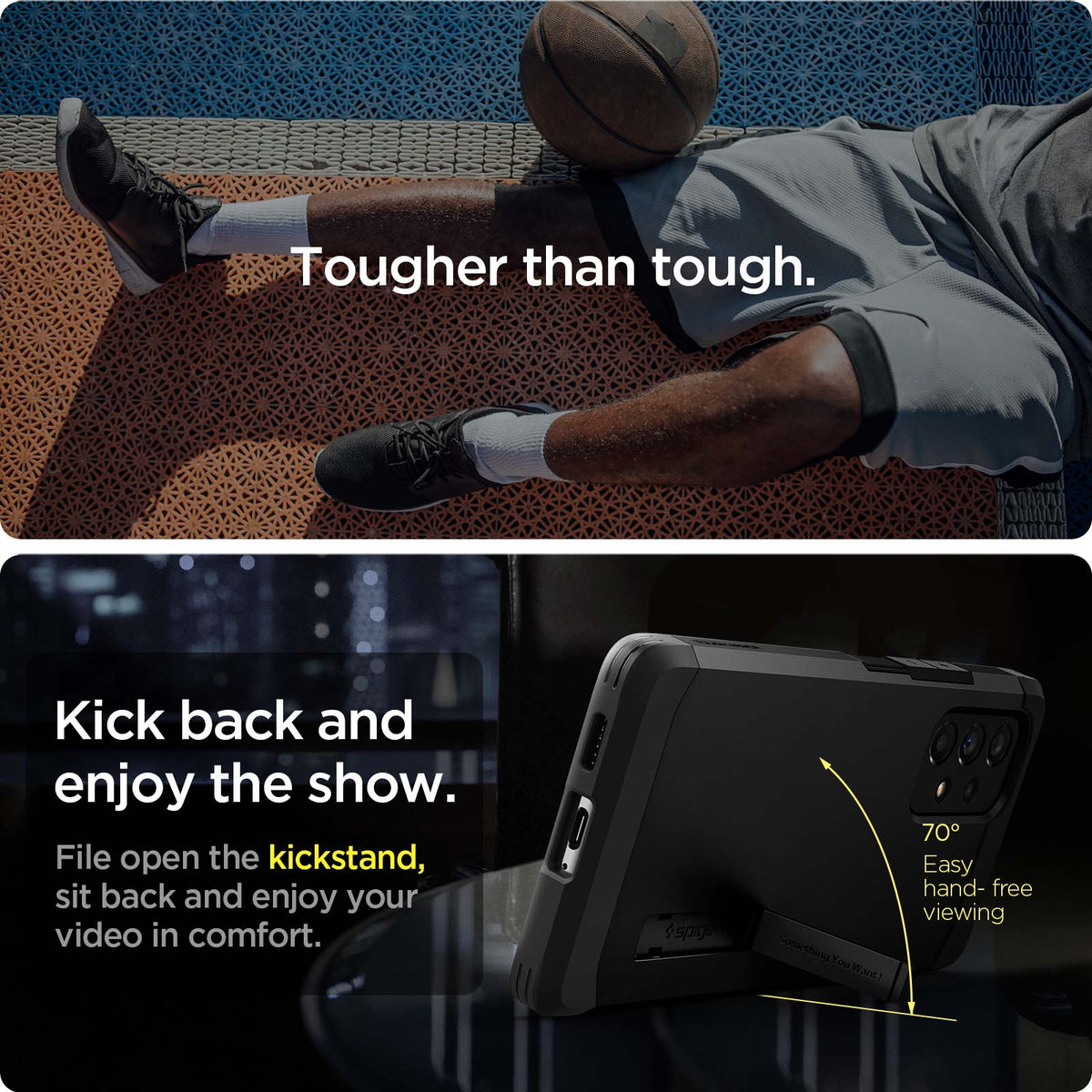 ACS04255 - Galaxy A53 5G Case Tough Armor in Black showing the kickstand with 70 degrees hand-free viewing. 