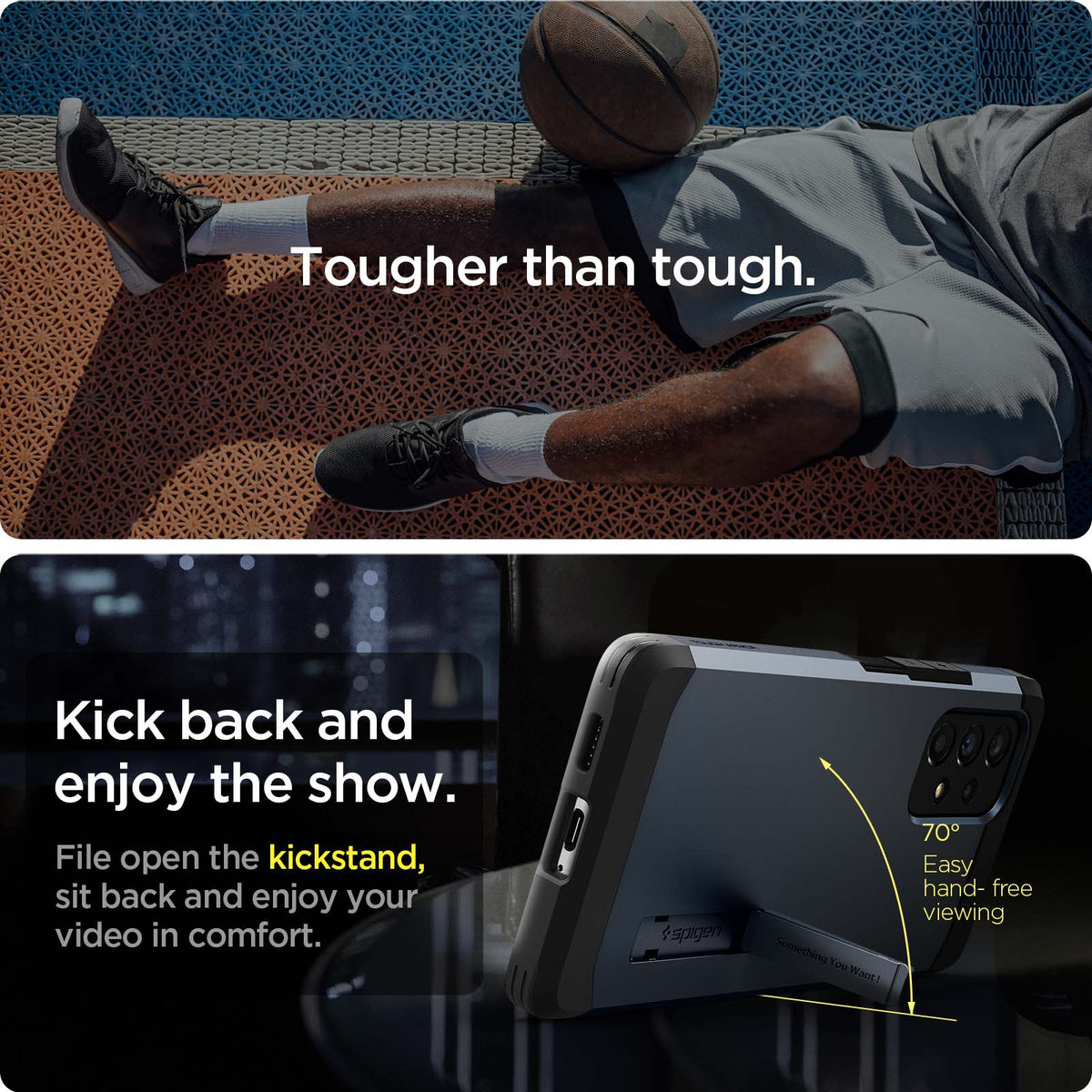 ACS04256 - Galaxy A53 5G Case Tough Armor in Metal Slate showing the kickstand with 70 degrees hand-free viewing. 