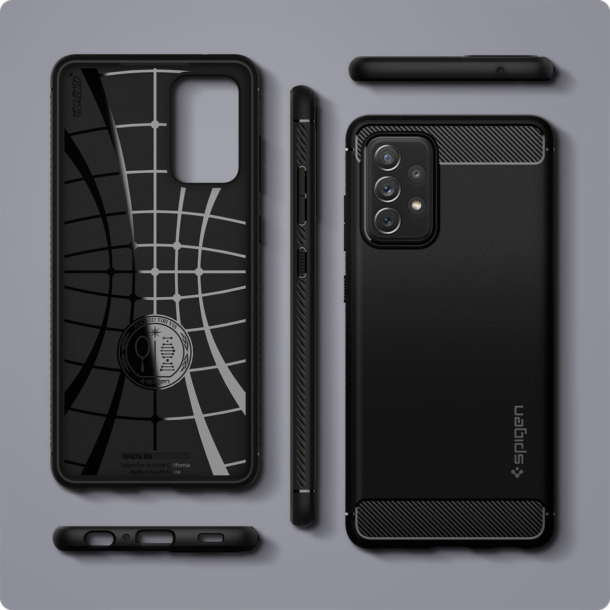 ACS02324 - Galaxy A72 Case Rugged Armor in Matte Black showing the back, inner, side, top and bottom