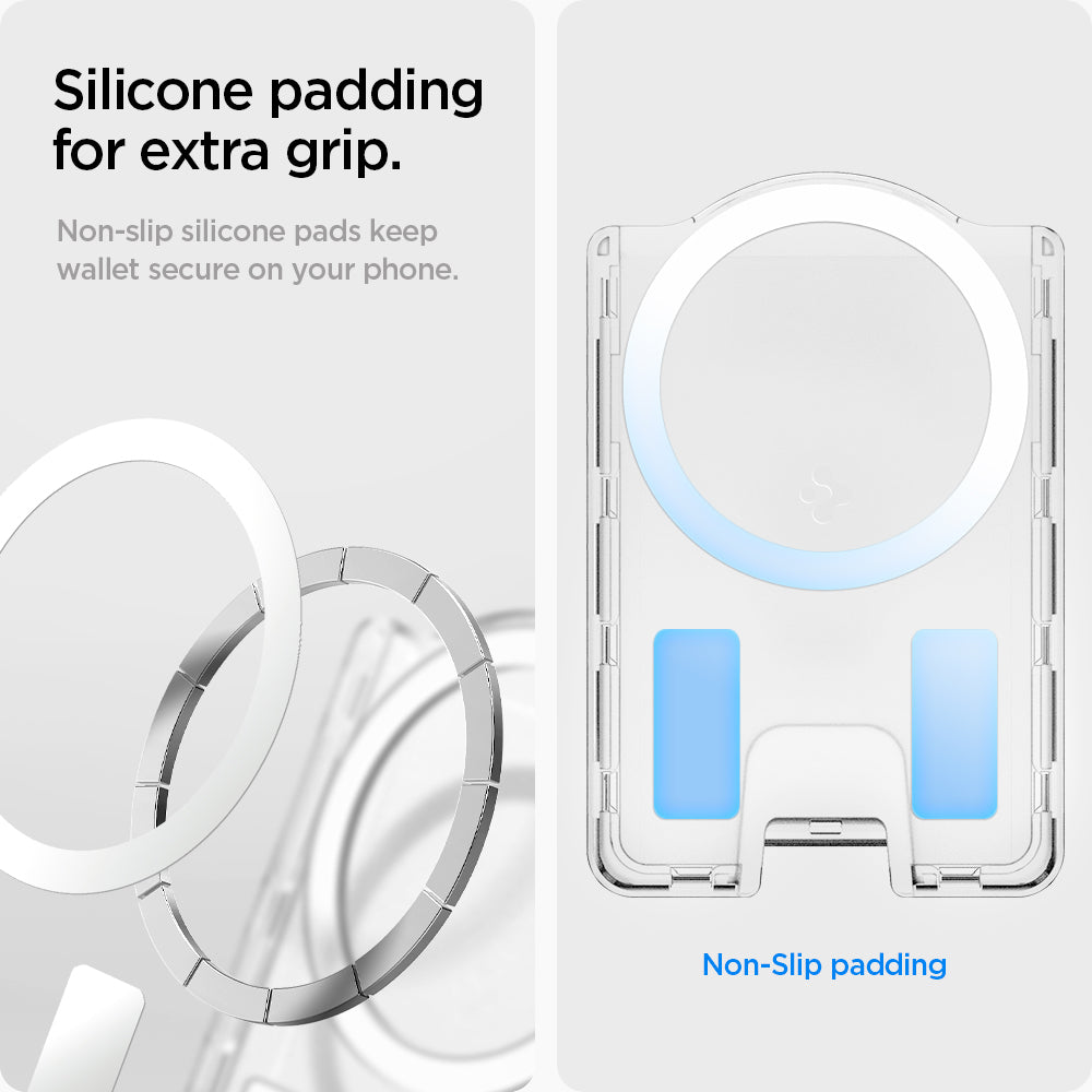 AFA09206 - Galaxy S25 Series Ultra Hybrid MagFit Wallet (MagFit) in Crystal Clear showing the silicone padding for extra grip. Non-slip silicone pads keep wallet secure on your phone