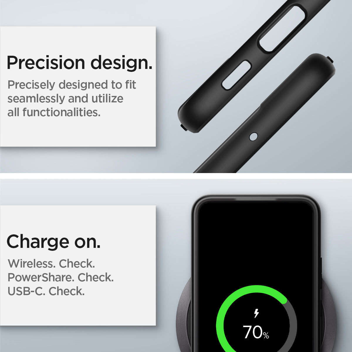 ACS03989 - Galaxy S22 5G Case Ultra Hybrid in matte black precision design. precisely designed to fit seamlessly and utilize all functionalities. charge on. powershare. wireless charge. USB-C cable.