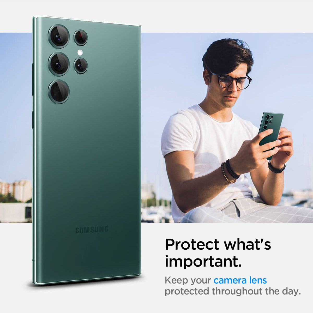 AGL04754 - Galaxy S22 Ultra EZ Fit Optik Pro Lens Protector Glass.tR in green protect what' important. Keep your camera lens protected throughout the day.