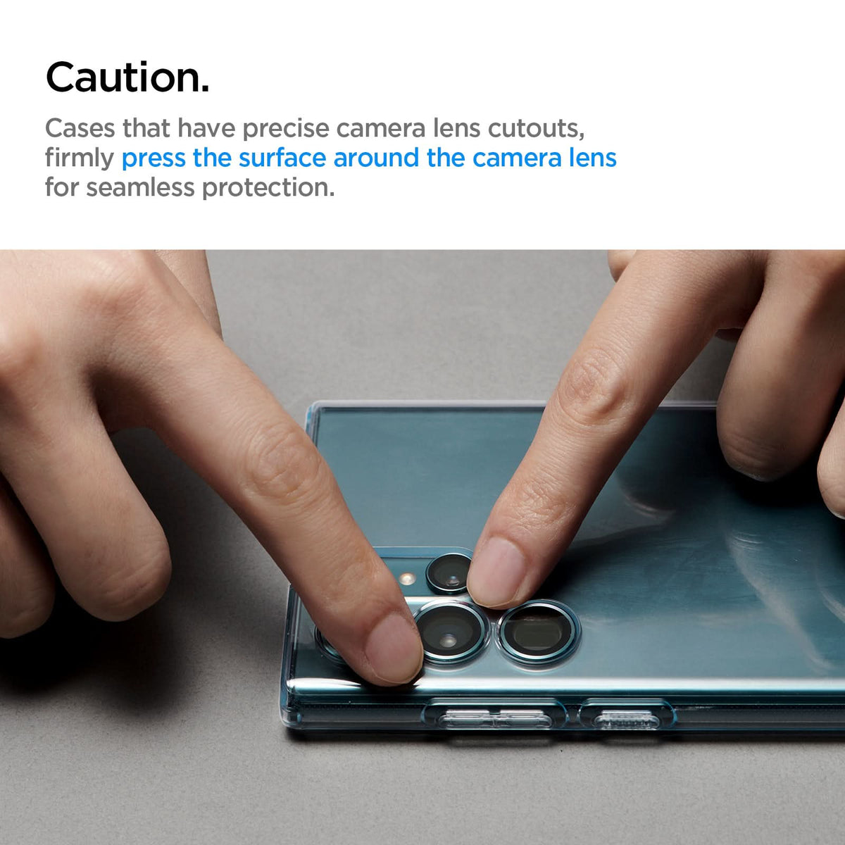 AGL04754 - Galaxy S22 Ultra EZ Fit Optik Pro Lens Protector Glass.tR in green caution cases that have precise camera lens cutouts, firmly press the surface around the camera lens for seamless protection.