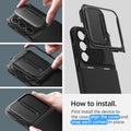 ACS05733 - Galaxy S23 Case Optik Armor in black how to install. First install the device to the case, align the cover and snap each corners in place.