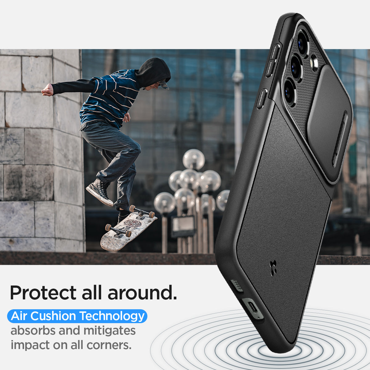 ACS05687 - Galaxy S23 Plus Case Optik Armor in black protect all around. Air cushion technology absorbs and mitigates impact on all corners.