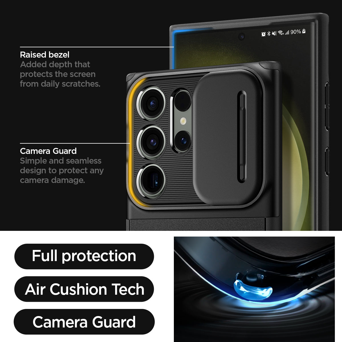 ACS05639 - Galaxy S23 Ultra Case Optik Armor in black raised bezel added depth that protects the screen from daily scratches. camera guard protect the camera against drops and scratches from daily life. full protection. air cushion tech. camera guard. 