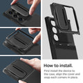 ACS05639 - Galaxy S23 Ultra Case Optik Armor in black how to install. First install the device to the case, align the cover and snap each corners in place.