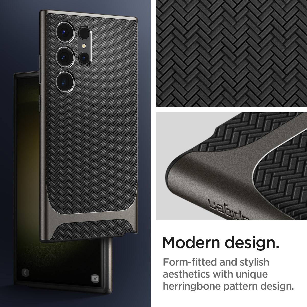 ACS05627 - Galaxy S23 Ultra Case Neo Hybrid in gunmetal modern design. Form fitted and stylish aesthetics with unique herringbone pattern design.
