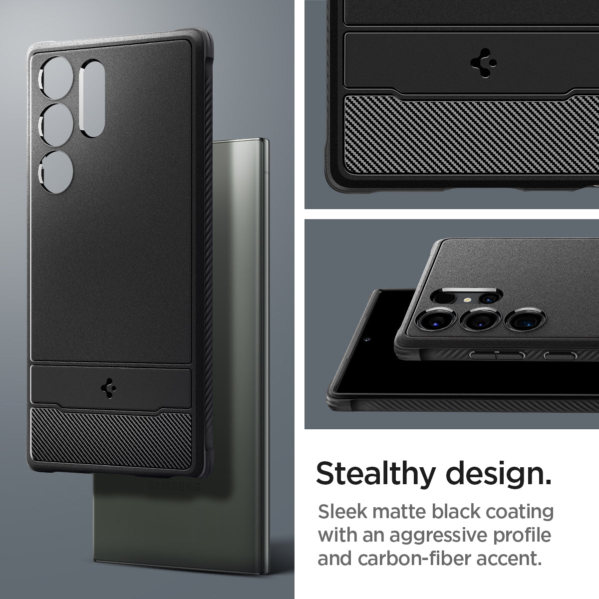 ACS05613 - Galaxy S23 Ultra Case Rugged Armor in matte black stealthy design. Sleek matte black coating with an aggressive profile and carbon fiber accent.