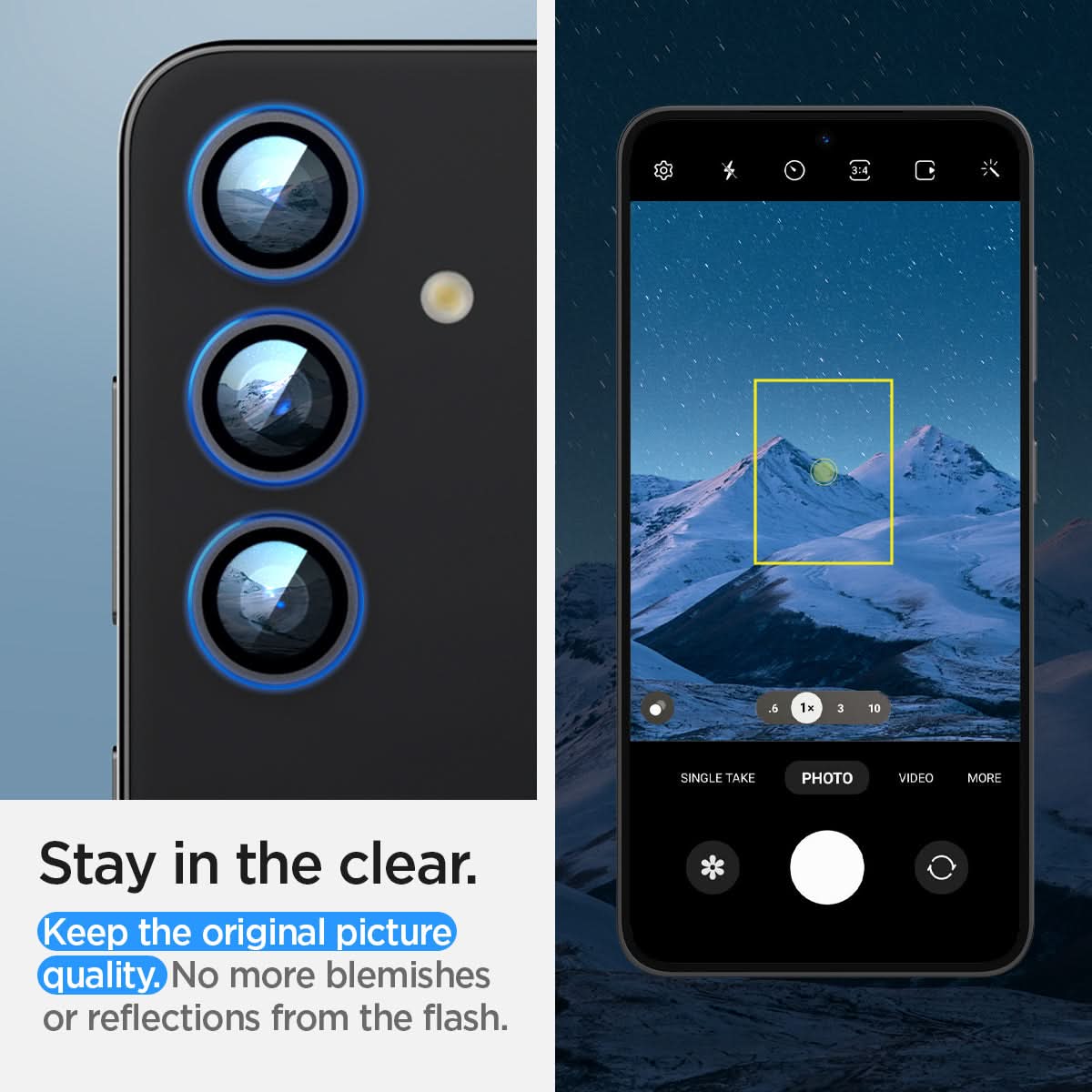 AGL07442 - Galaxy S24 Optik Pro EZ Fit Lens Protector in Gray showing how it stays clear. Keep the original picture quality. No more blemishes or reflections from the flash