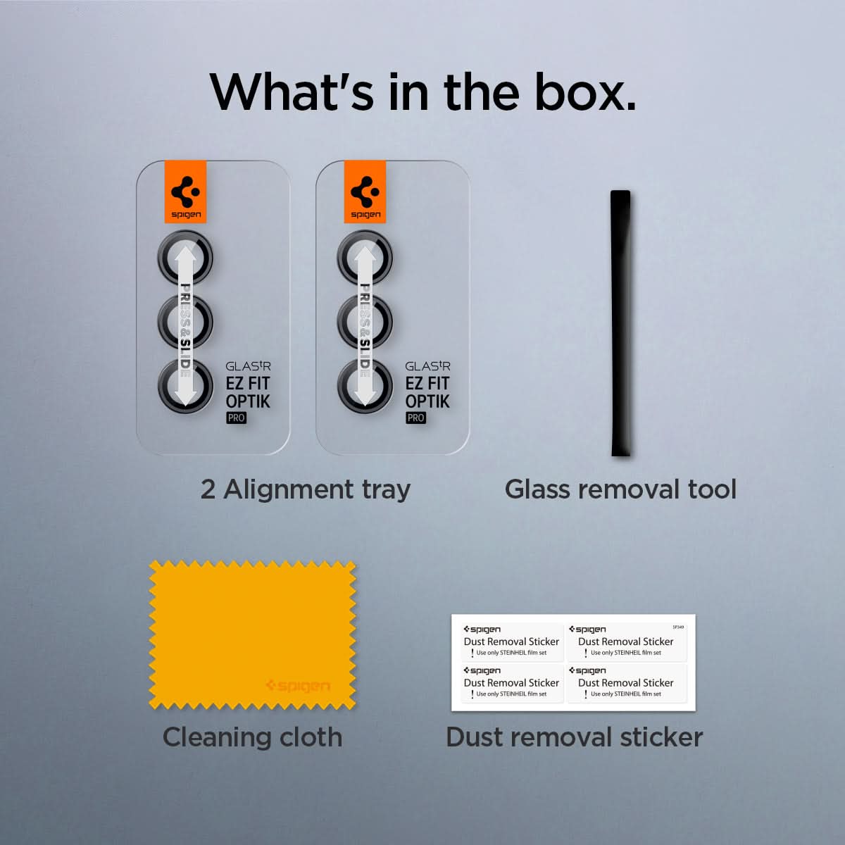 AGL07442 - Galaxy S24 Optik Pro EZ Fit Lens Protector in Gray showing what's in the box. 2 Alignment trays, Glass removal tool, Cleaning cloth and Dust removal sticker