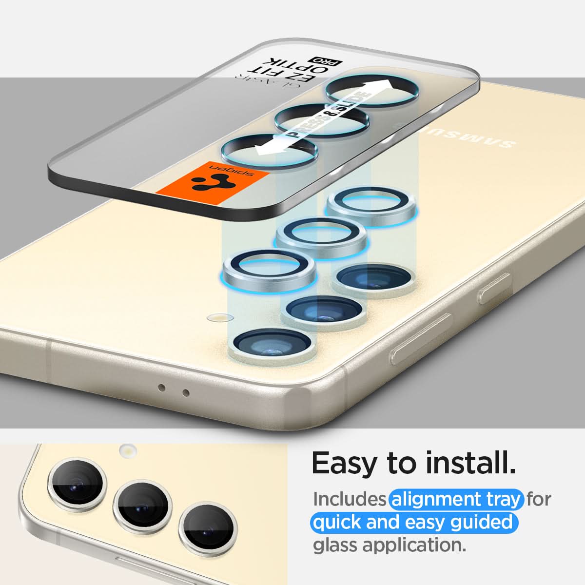AGL07444 - Galaxy S24 Optik Pro EZ Fit Lens Protector in Yellow showing the easy to install. Includes alignment tray for quick and  easy guided glass application