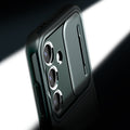 ACS07364 - Galaxy S24 Case Optik Armor in Abyss Green showing the partial back, top and side, slider open, camera zoomed in