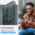 ACS07364 - Galaxy S24 Case Optik Armor in Abyss Green showing the lens protector. Sliding camera coverage that clicks in place using Snap Lens Protection Tech
