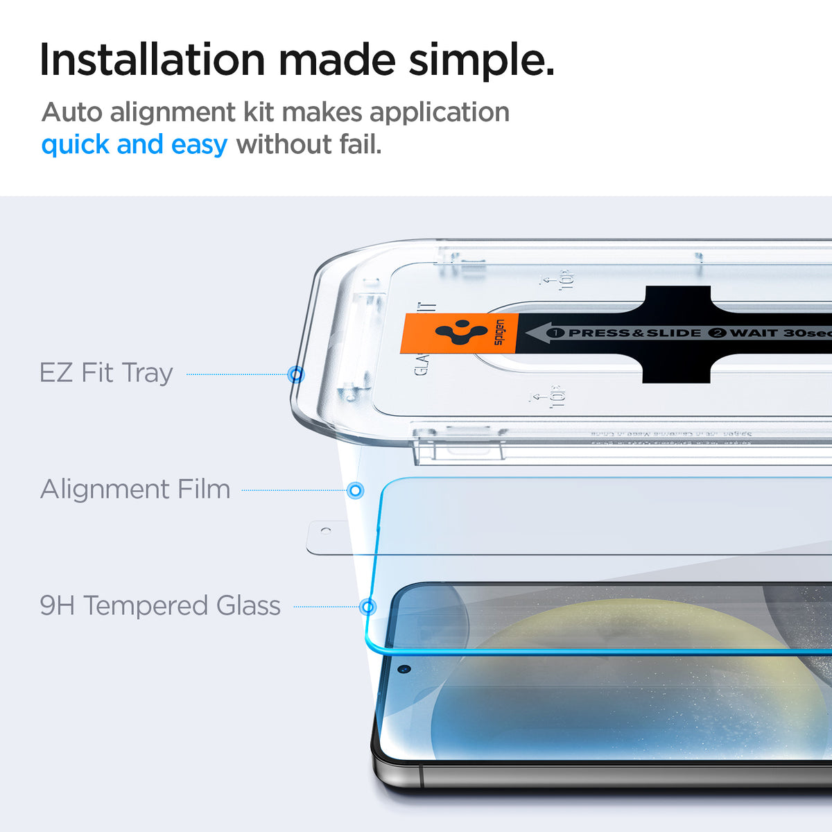 AGL07430 - Galaxy S24 Plus GLAS.tR EZ Fit in Transparency showing the installation made simple. Auto alignment kit makes application quick and easy without fail. EZ Fit Tray, Alignment Film and 9H Tempered Glass