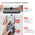 AGL07430 - Galaxy S24 Plus GLAS.tR EZ Fit in Transparency showing how to improve fingerprint recognition. 1. Install the screen protector 2. Register the same fingerprint AT LEAST TWICE 
3. Scan fingerprint longer and with more pressure than usual