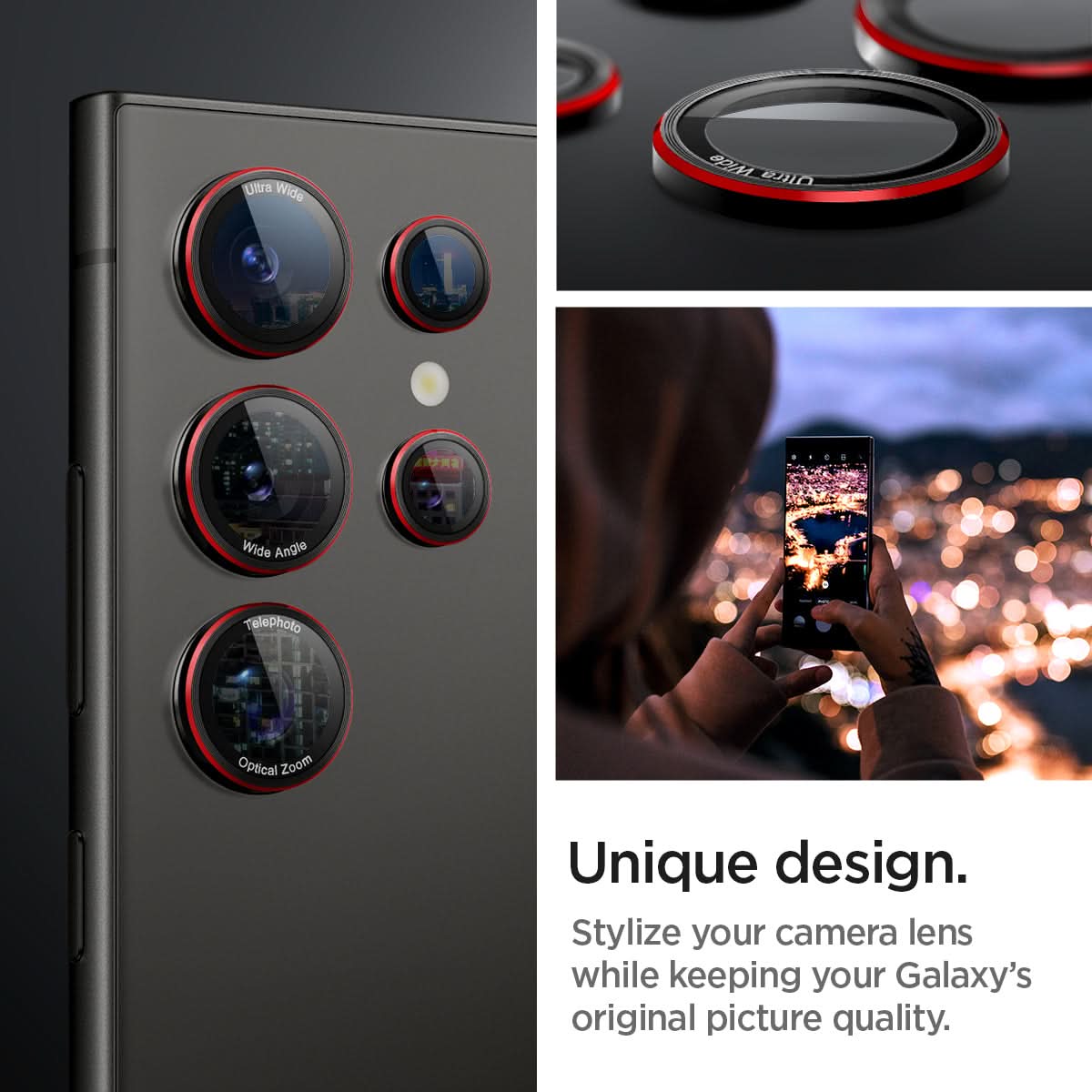 AGL07585 - Galaxy S24 Ultra Optik Pro EZ Fit Lens Protector in  L-Series showing the unique design. Stylize your camera lens while keeping your Galaxy's original picture quality