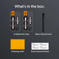 AGL07585 - Galaxy S24 Ultra Optik Pro EZ Fit Lens Protector in  L-Series showing what's in the box. 2 Alignment trays, Glass removal tool, Cleaning cloth and Dust removal sticker
