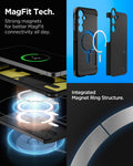 ACS08625 - Galaxy S24 FE Case Tough Armor (MagFit) in Black showing the MagFit Tech. Strong magnets for better MagFit connectivity all day. Integrated Magnet Ring Structure