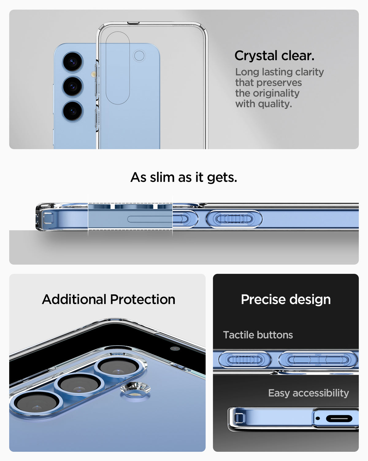 ACS08974 - Galaxy S25 Plus Case Liquid Crystal in Crystal Clear showing the crystal clear. Long lasting clarity that preserves the originality with quality. As slim as it gets. Additional Protection. Precise design, tactile buttons and easy accessibility