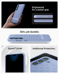 ACS09059 - Galaxy S25 Plus Case Parallax (MagFit) in Purple-ish showing how it is engineered for a better grip. Slim, yet durable. Sound Tunnel and Additional Protection
