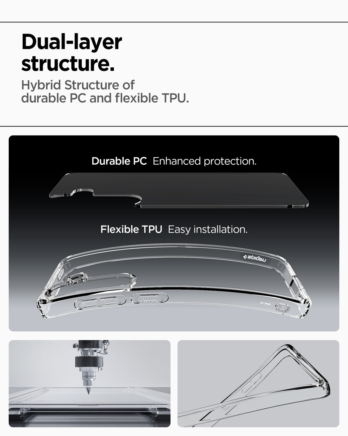 ACS08985 - Galaxy S25 Plus Case Ultra Hybrid in Crystal Clear showing the dual-layer structure. Hybrid Structure of durable PC and flexible TPU. Durable PC Enhanced protection. Flexible TPU Easy installation