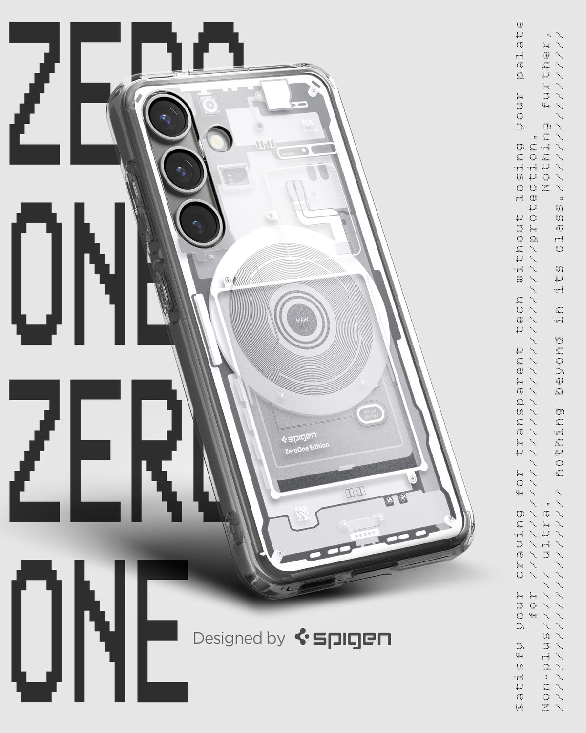 ACS08983 - Galaxy S25 Plus Case Ultra Hybrid Metal Ring Zero One (MagFit) in Zero One White showing the back, partial side and bottom
