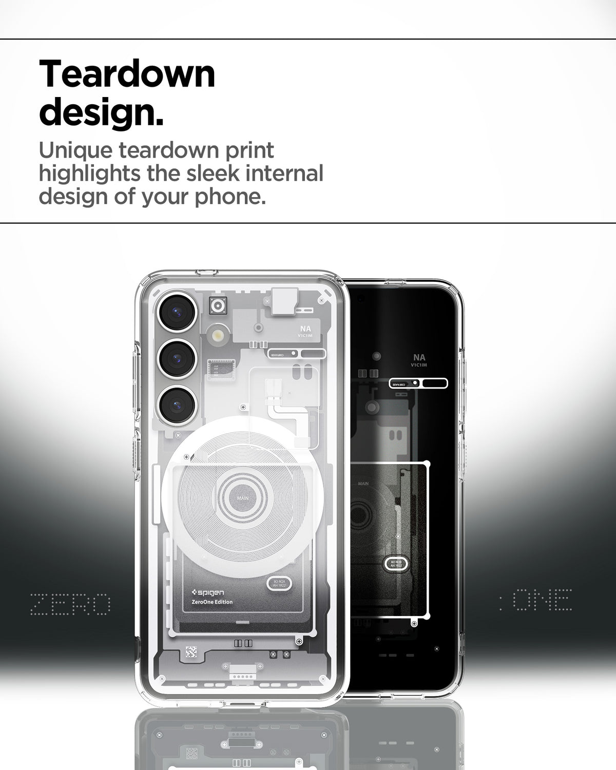 ACS08983 - Galaxy S25 Plus Case Ultra Hybrid Metal Ring Zero One (MagFit) in Zero One White showing the teardown design. Unique teardown print highlights the sleek internal design of your phone