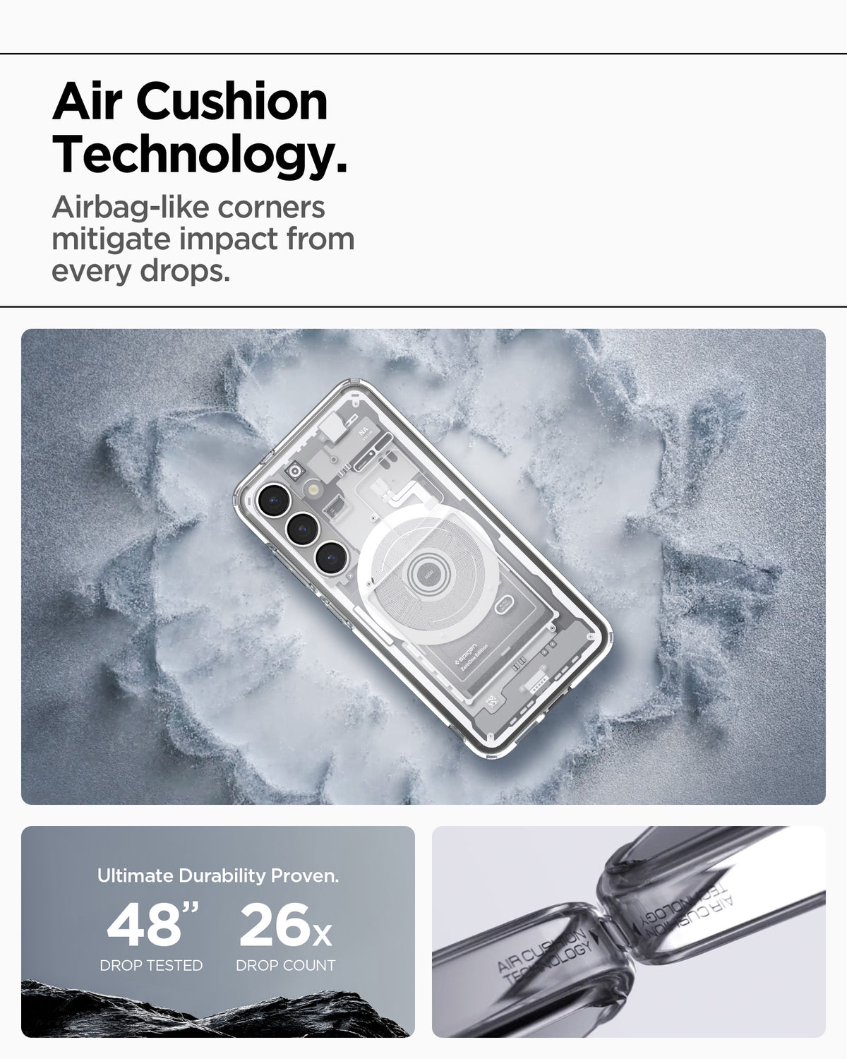 ACS08983 - Galaxy S25 Plus Case Ultra Hybrid Metal Ring Zero One (MagFit) in Zero One White showing the Air Cushion Technology. Airbag-like corners mitigate impact from every drops. Ultimate durability proven. 48" drop tested and 26x drop count