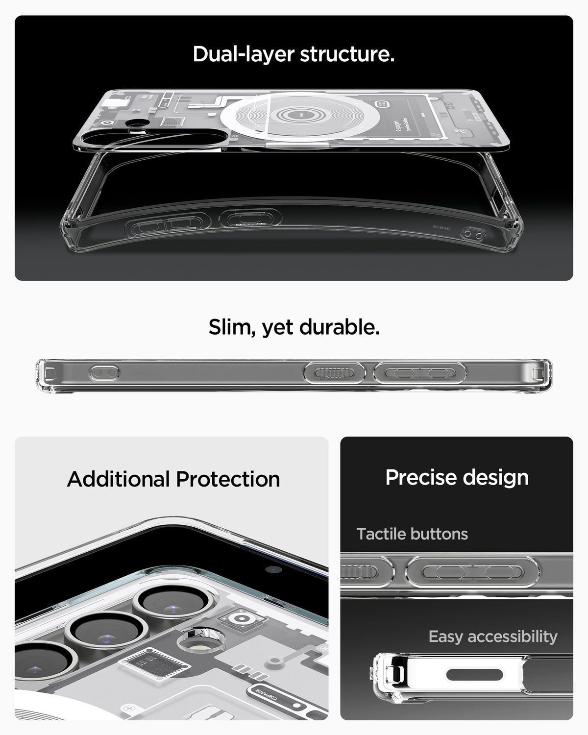 ACS08983 - Galaxy S25 Plus Case Ultra Hybrid Metal Ring Zero One (MagFit) in Zero One White showing the dual-layer structure. Slim, yet durable. Additional protection. Precise design with tactile buttons and easy accessibility 