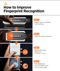 AGL09410 - Galaxy S25 Edge GLAS.tR EZ Fit Pro showing how to improve fingerprint recognition. 1. Enable 'Touch Sensitivity' in the settings 2. Install the screen protector 3. Register the same fingerprint AT LEAST TWICE 4. Scan fingerprint longer and with more pressure than usual
