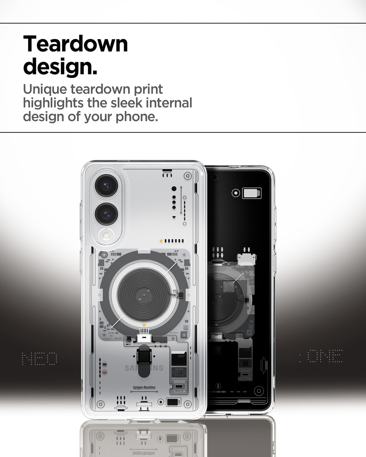 ACS09416 - Galaxy S25 Edge Case Ultra Hybrid Neo One showing the teardown design. Unique teardown print highlight the sleek internal design of your phone